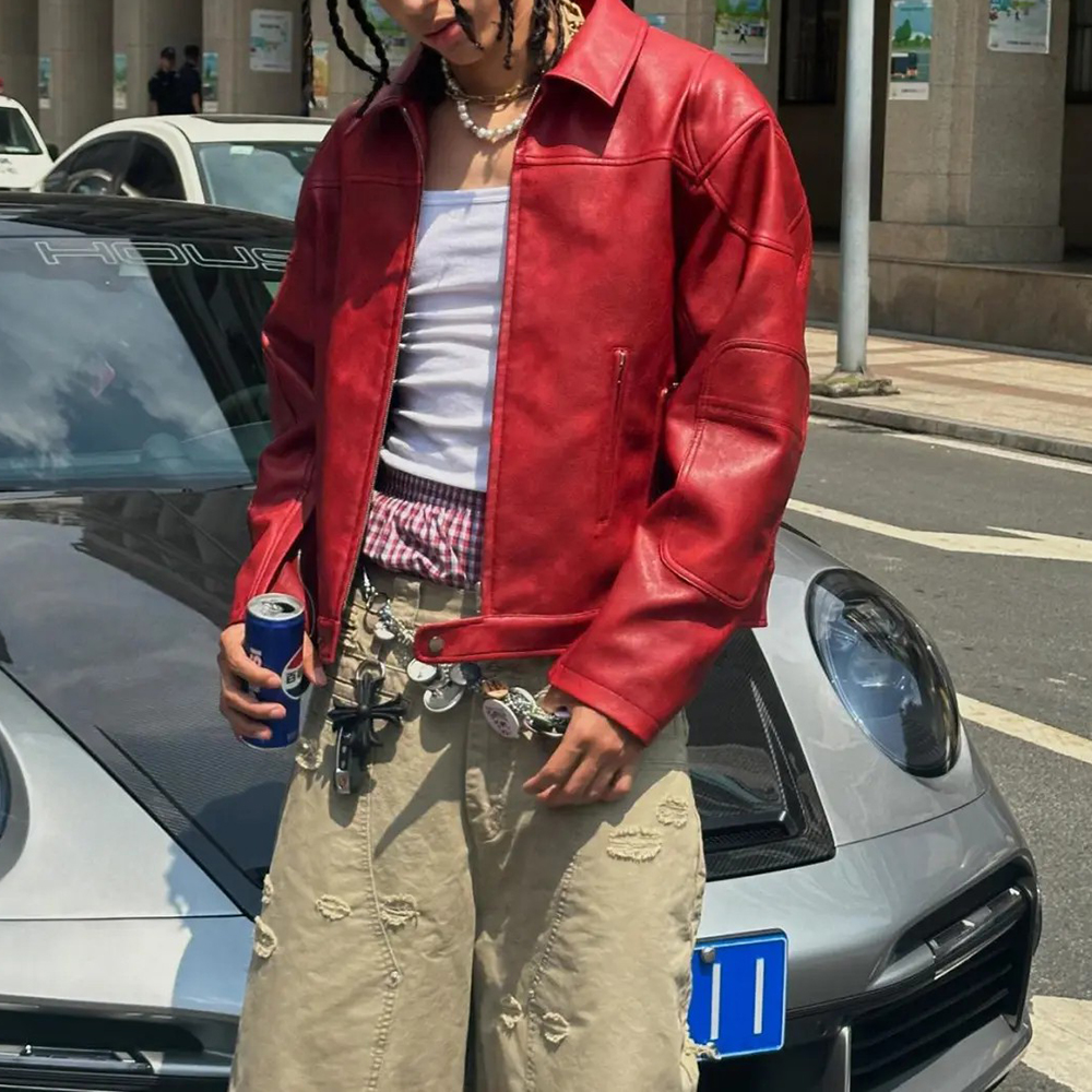 Men's Red Long-Sleeved  Leathe – Street Fashion Trends 2026 recenzja i cena